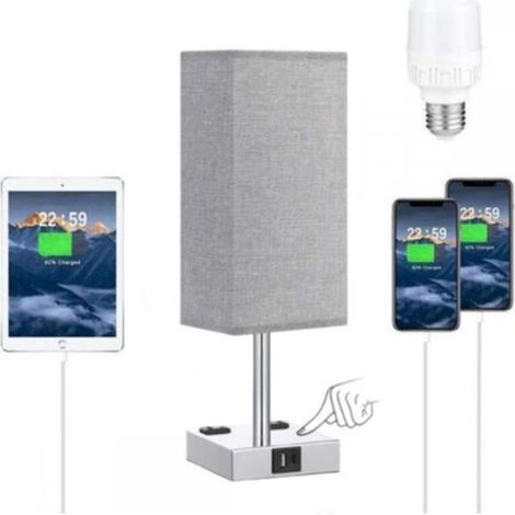 (Ampoule incluse) Lampe de chevet tactile avec ports de charge USB-C et USB-A, 3 niveaux d’intensité, abat-jour en tissu gris, base en métal, lampe de table pour chambre ou salon (1/5)