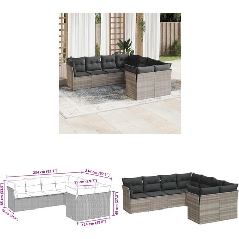 vidaXL Salon de jardin 8 pcs avec coussins gris clair résine tressée