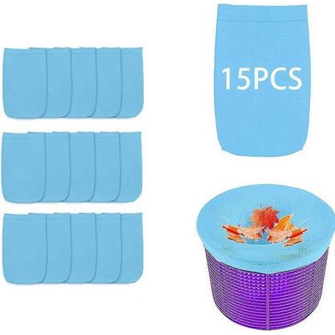 Lot de 15 sacs filtrants pour skimmer de piscine, adaptés aux piscines hors sol et enterrées, sacs filtrants à mailles fines qui retiennent les débris, les feuilles et les écumes. (1/5)