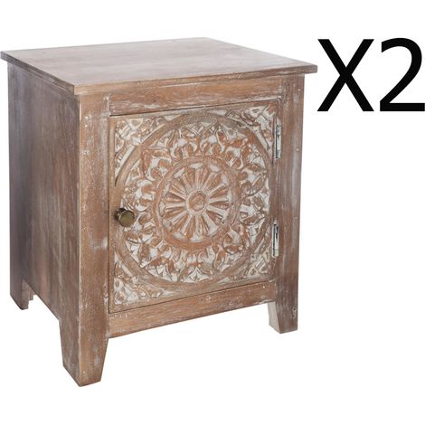 Pegane – Lot de 2 chevets en bois de manguier marron – Dimensions L.40 x l.35 x H.45 cm – 1 porte – Design élégant pour chambre (1/3)