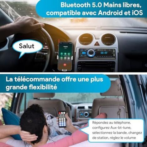 Autoradio Bluetooth Main Libre 5.0, FM Poste Radio Voiture Bluetooth, Autoradio 1 Din pour 12V Voiture Supporte 2 USB/AUX/SD/TF/MP3, Supporte iOS/Android (1/4)