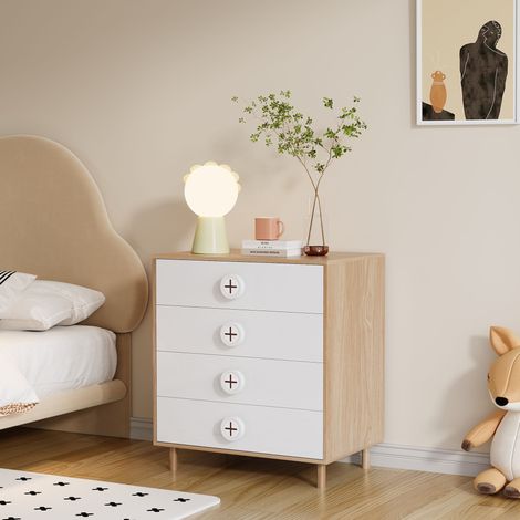 Commode de chambre à 4 tiroirs, meuble de rangement bicolore blanc et bois, 80 x 54 x 90 cm HAVRYA (1/5)