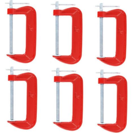 [NEVER USED] Set of 6 lightweight red G-clamps with a 10cm jaw opening, suitable for woodworking, welding and automotive repair.
