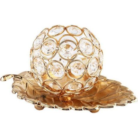 Bougeoir - Plateau Feuille Métal Doré - Boule Cristal Décorative - Pour Bougie Conique - 1 Pièce (1/5)