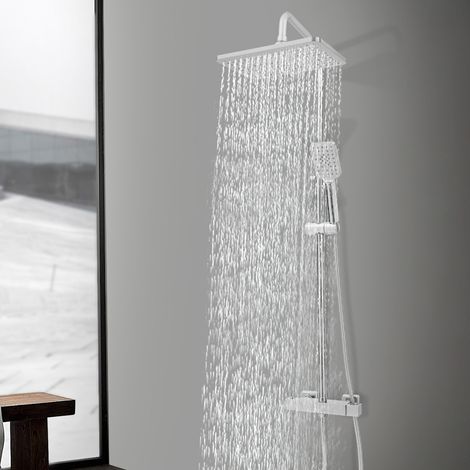 Mezclador termostático cuadrado con juego de ducha, juego combinado de ducha de lujo con efecto lluvia para el cuarto de baño, sistema de ducha con efecto lluvia para montaje en pared, color plata (1/5)