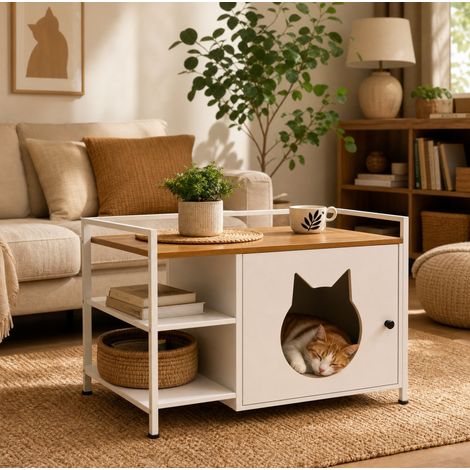 Katzenklo-Schrank 76x54x59 cm MDF Metall weiß helles Eichenholz 2 Regale – MEUBLIV (1/5)