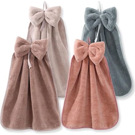 Juego de 4 toallas de mano colgantes con lazo, de microfibra de terciopelo coral, con asas para colgar, supersuaves, bonitas y absorbentes, ideales para la cocina, el baño, niños y adultos. (1/4)