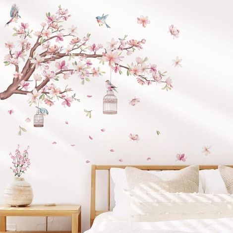 Stickers muraux décoratifs en vinyle avec fleurs de cerisier, branches de magnolia et oiseaux, motifs floraux pour chambre à coucher (1/4)
