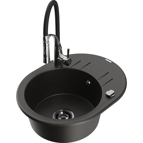 Mexen Kevin fregadero de granito de 1 compartimento con escurridor y grifo de cocina Aster, negro/dorado metálico (1/5)