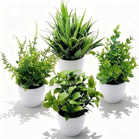4 Pièce Petite Plante Artificielle Interieur, Plastique Faux Plantes, Pot Verdure Artificielle en Plastique, Adaptées à la Décoration de la Cuisine, de la Chambre à Coucher, Blancs (Blanc) (1/5)