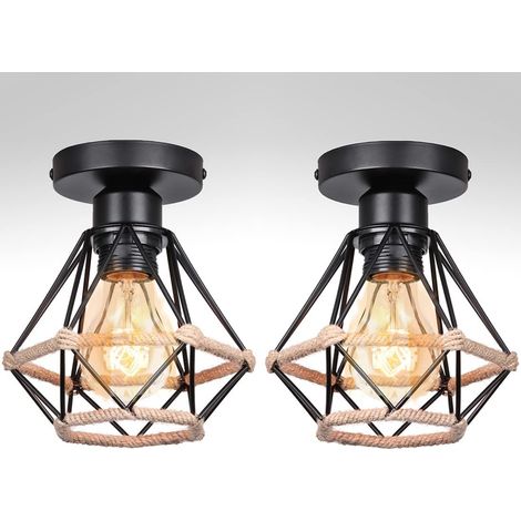 lot de 2 plafonnier industriel design rétro, éclairage de plafond en métal corde de chanvre, lampe cage chambre vintage lustre noir Ø160mm, noir (1/5)