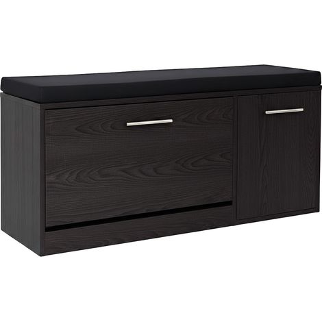 Marvin Scarpiera Panca da Ingresso con Anta Contenitore – Portascarpe Salvaspazio in Legno con Cuscino – Seduta e Anta a Ribalta per Cabina Armadio Corridoio o Camera Design 100x30x46 cm Nero / Cuscin (1/4)