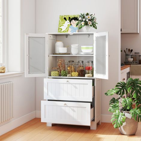 Armoire de Rangement pour Salle de Bain Placard Autoportant avec 2 Tiroirs & 2 Portes en Verre Givré Étagère Réglable 60 x 30 x 108 CM Blanc (1/3)