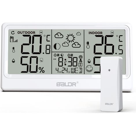 Funk-Wetterstation mit DCF-Außensensor, Funkuhr, digitales Thermometer, Hygrometer, batteriebetrieben, für Innen und Außen, mit Wettervorhersage, weiß