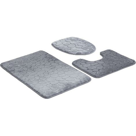 Lot de 3 tapis de bain antidérapants en relief imitation pavés pour salle de bain, avec couvercle de toilette, gris, idéal pour les hôtels. (1/5)