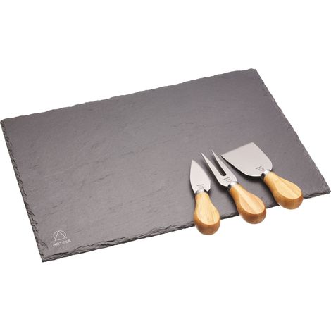 Artesa Juego de Tabla de Quesos con Bandeja de Pizarra Natural y Tres Cuchillos de Queso Lisos de Acero Inoxidable y Madera de Acacia, 32 x 32 x 22cm Bandeja de Servir
