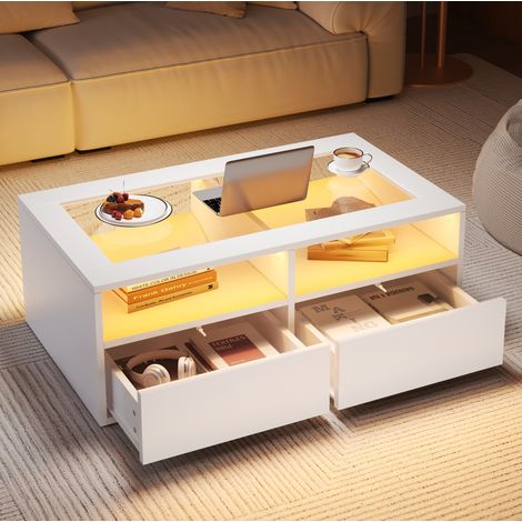 Tavolino da salotto 100x50x35 cm bianco con LED e 2 cassetti, piano in vetro temperato, MEUBLIV (1/5)
