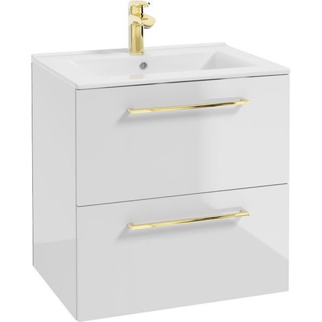 Meuble sous vasque simple 60x40 cm – Blanc brillant – 2 tiroirs – Poignées dorées – Système Soft Close – Panneau de particules laqué