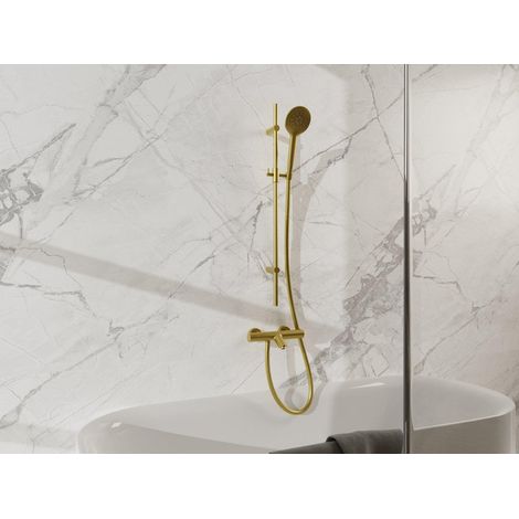 Fortifura Calvi Mitigeur baignoire - avec barre curseur - douchette ronde - flexible lisse - Laiton Brossé PVD (Doré) (1/5)
