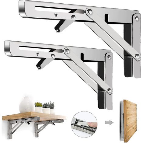 2 pièces supports d'étagère pliants - support d'étagère triangulaire pliable en métal robuste bricolage charnière de table pliante murale permettant d'économiser de l'espace pour table de banc - (1/5)