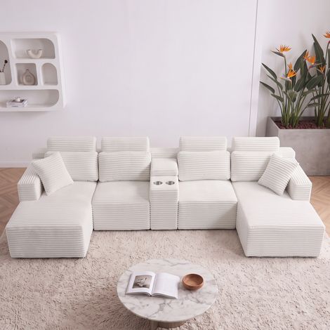 Divano componibile a U 372 x 151 x 80 cm in velluto a coste bianco sporco - CHICFURN (1/5)
