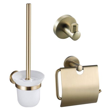 FugaFlow Eccelente Ensemble d'accessoires WC - porte-rouleau de papier toilette avec couvercle - brosse WC - crochet à serviette - laiton brossé PVD