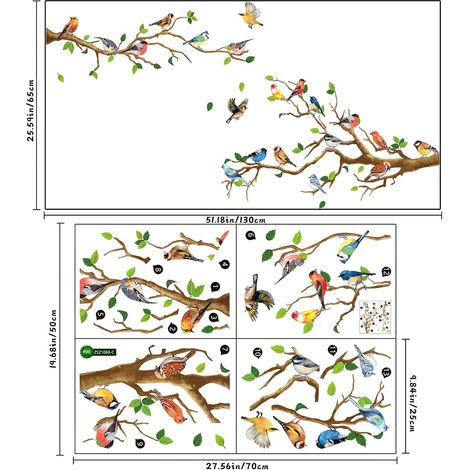 Autocollant Murale Oiseau - Branche d'Arbre - Vinyle Écologique - Décor pour Chambre d'Enfant Salon Bureau - Format 70 x 50 cm - 1 Pièce (1/5)