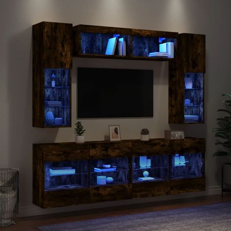 Ensemble de meubles TV muraux 6 pcs-Banc TV-Meuble Télé et lumières LED chêne fumé (1/5)