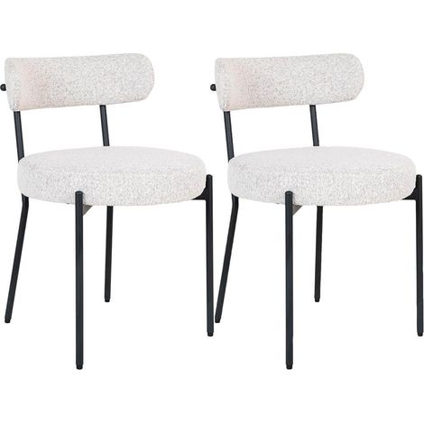 LOANA - Lot de 2 Chaises Tissu Bouclé Blanc Chiné Dossier et Pieds Métal Noir (1/5)