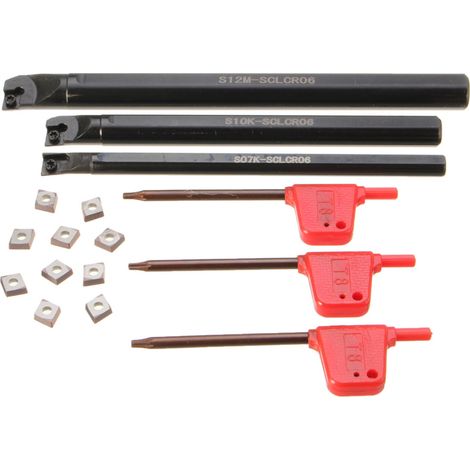 Kit d'outils de tournage pour tour à métaux : 3 barres d'alésage S07K/S10K/S12M-SCLCR06, 10 plaquettes carbure CCMT0602, 3 clés à douille pour l'usinage de petits trous. (1/5)
