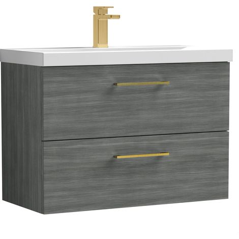 Balterley 800mm Wall Hung Bathroom 2 Drawer Vanity Unit & 1 Tap Hole Ceramic Basin, Woodgrain Anthracite & Brushed Brass Handles