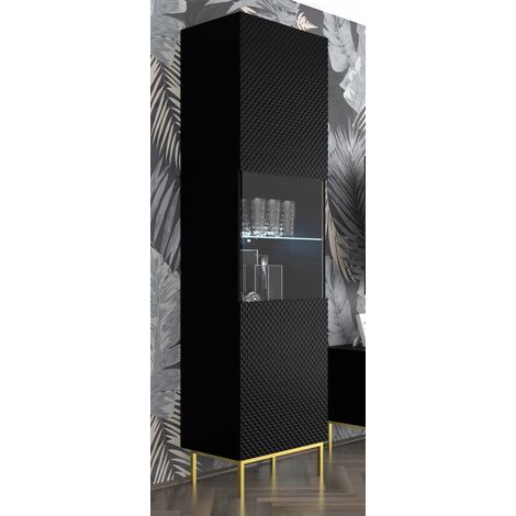 Vitrine avec étagères sur pied Noir mat 60x42x217 RAVI C DIAMANT Pied Cadré or (1/2)