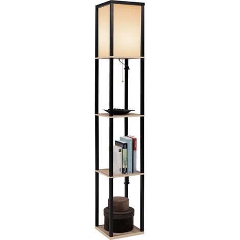 Lámpara de pie industrial de madera negra con estantes de madera clara y pantalla cuadrada blanca (1/5)