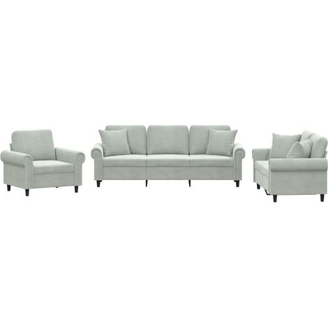 Ensemble de Canapé  Sofas 3 pcs avec coussins gris clair velours