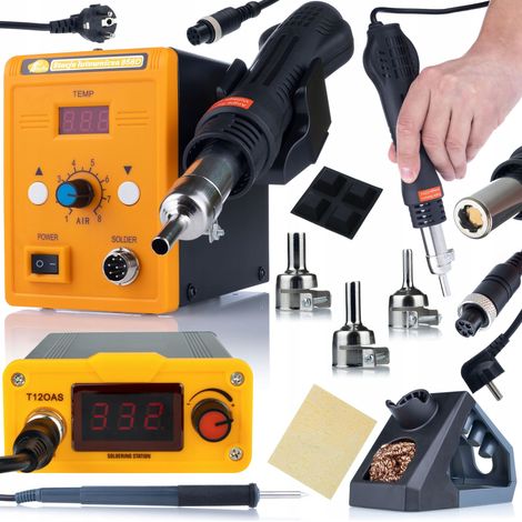 Rosfix Set T12OAS + 858D – Lötstation mit T12-Spitzen & Heißluftstation 700 W  200–450 °C & 100–500 °C  3 Düsen  ESD-Schutz  Elektronik Reparatur Werkzeug