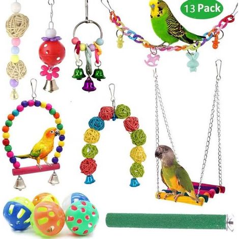 Juego de juguetes para pájaros con jaula de 12 piezas: columpio, escalera, pelota con cascabel, juguetes para periquitos (1/5)