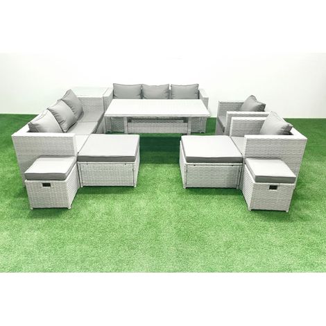 Fimous Rattan Gartenmöbel Essgarnitur 12 Sitzer Lounge Sofa Stuhl Esstisch Set mit 4 Hockern Beistelltisch Hellgrau gemischt (1/5)
