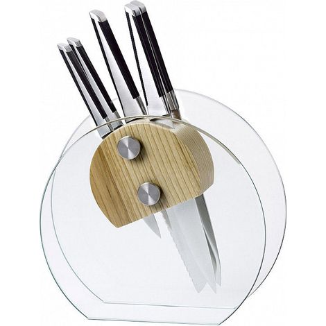 Ceppo in Vetro Temprato e Legno con 5 Coltelli Marte Alexander Crystal Rubino