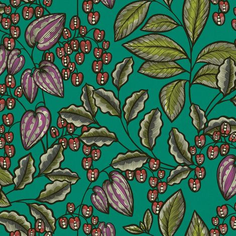 Blumen Tapete Profhome 377547 Vliestapete glatt mit floralen Ornamenten matt grün rot lila schwarz 5,33 m2