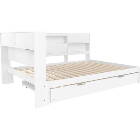 Cama diván 140x200 cm con cabecero con almacenaje y cama nido blanca MODENUIT (1/5)