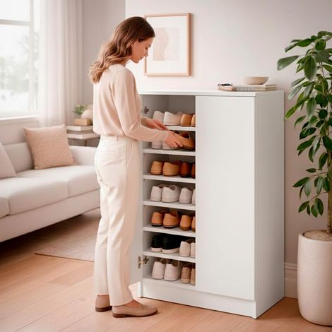 Armadio Multiuso 2 Ante Scarpiera Salvaspazio Con 6 Ripiani Estraibili Mobile Porta Scarpe Ingresso Corridoio Camera Ripostiglio Design Moderno Minimal 108 x 55 x 39.6 Cm Colore Rovere - Colore: Bianc (1/5)