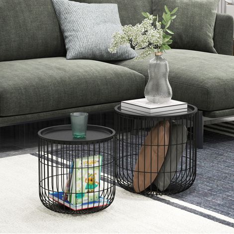 Mesa baja de 2 piezas en acero negro, diseño escandinavo, apilable HAVRYA (1/5)