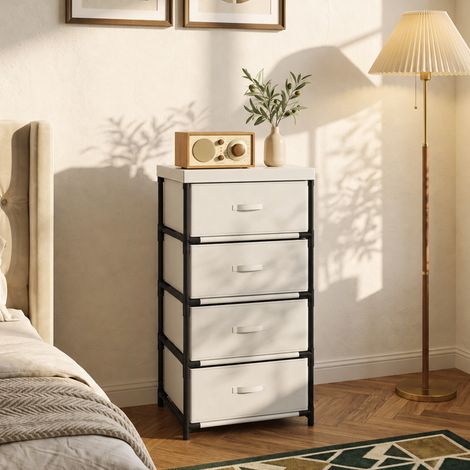 Commode à 4 tiroirs en tissu, structure en acier, beige, idéale pour le salon, le bureau ou le dressing. (1/5)