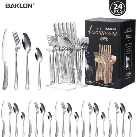 (Argent)Ensemble de couverts inox 24 pièces,Couverts de table 6 personnes,Comprend des couteaux/fourchettes/cuillères,Poli miroir (1/4)