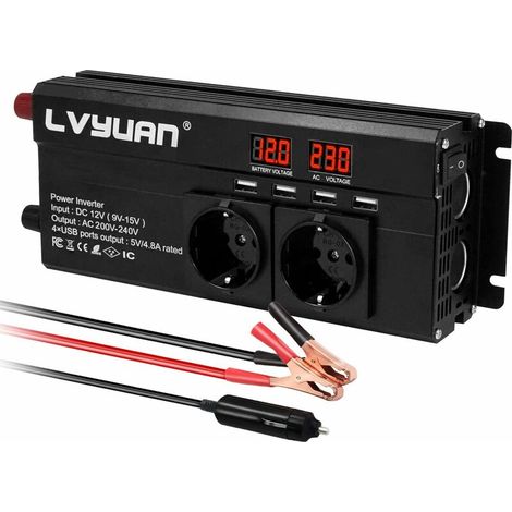CHOYCLIT 12V 220V 1500W Wechselrichter 12V 230V mit 2 Steckdosen und 4 USB LED Spannungsanzeige (1/5)