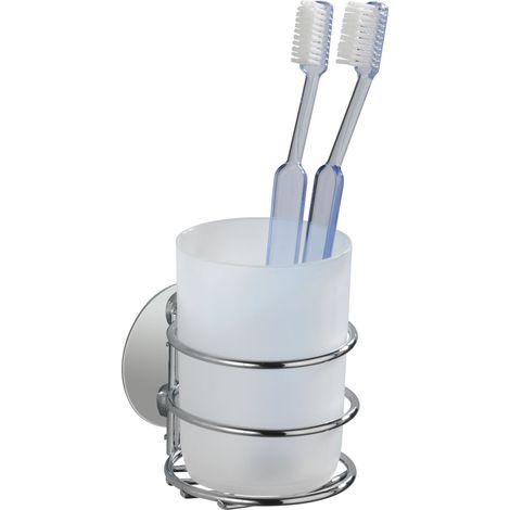 WENKO Portaspazzolino da parete con bicchiere per il bagno, Turbo-Loc® fissaggio senza foratura, acciaio - plastica, 7,5x10x9 cm, bianco - lucido