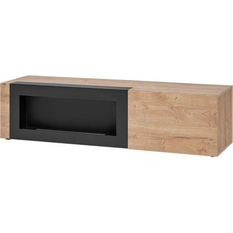 Möbelstück TV DOUM – Helles Eichenholz und Schwarz – Mit Bioethanol-Kamin – L160 x H42 x P45 cm