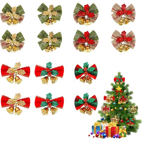 14-teiliges Set Weihnachtsschleifen mit Glöckchen, Mini-Weihnachtsbaumschleifen, Weihnachtskränze-Schleifen mit Glöckchen (1/4)