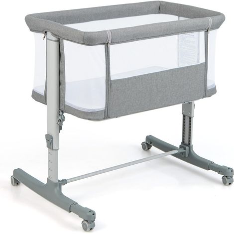COSTWAY 3 in 1 Culla Neonato Fianco Letto, Lettino Neonato Dondolo con Materasso, Culla Co-Sleeping Fino a 9 kg, Altezza Regolabili, Inclinazione di 10°, 84 x 59,5 x 80,5cm (Grigio Chiaro)