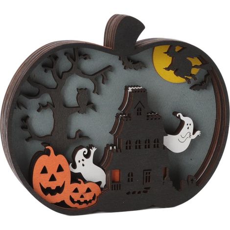Petite Citrouille Lumineuse en Bois Déco Halloween, Ornement de Bureau Mignon, Décoration Maison (1/5)